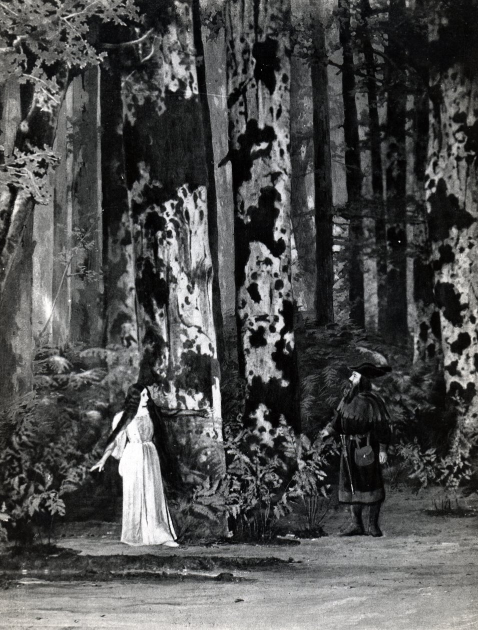 Akt I, Scene 1 av Pelleas et Melisande av Debussy, fra et fotografi av den første produksjonen i april 1902 av operaen på Opera-Comique i Paris, illustrasjon i Theatre magazine, juni, 1902 (li av French School