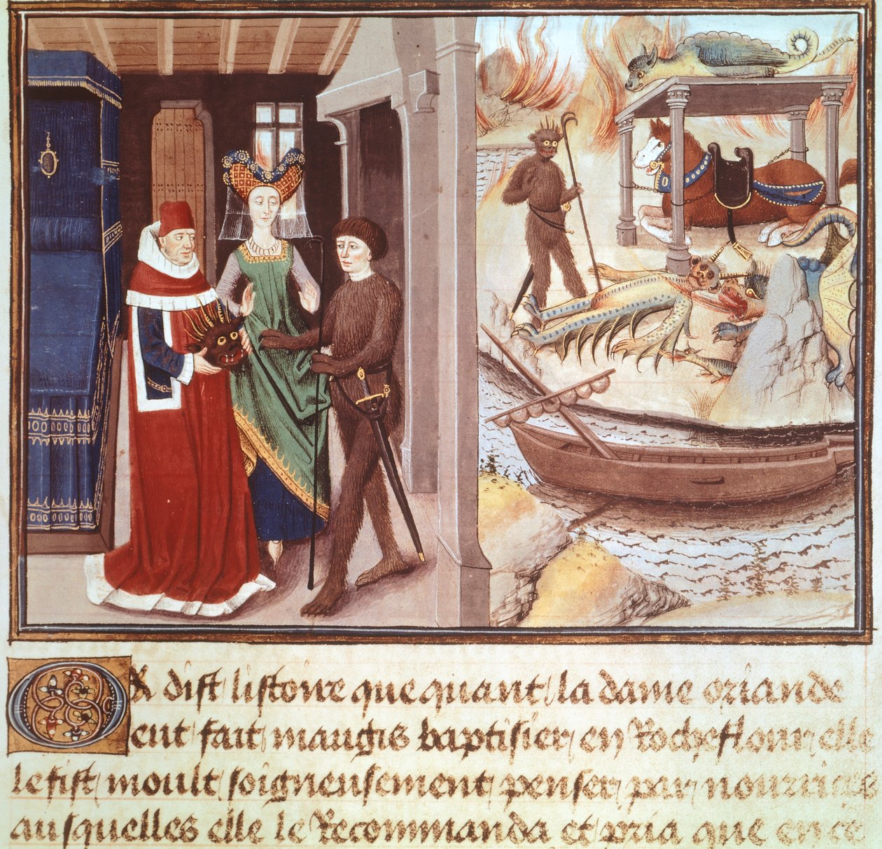 Skuespiller iført et djevelkostyme, miniatyr fra Renaud de Montauban-syklusen, Frankrike 1400-tallet. av French School