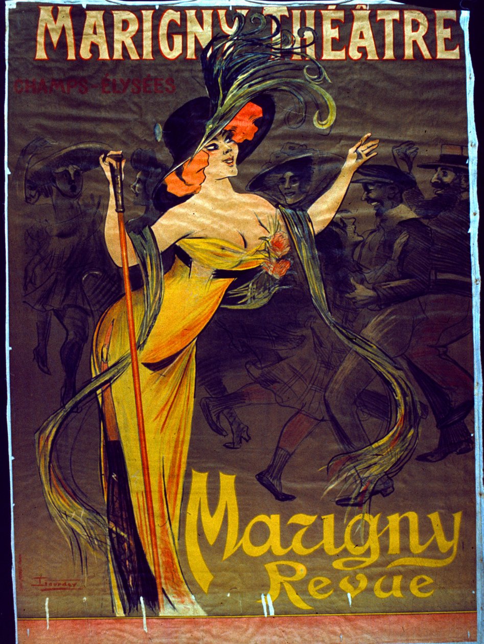 Annonse for Mazigny-revyen som vises i Paris på Marigny-teatret (litho-farge) av French School