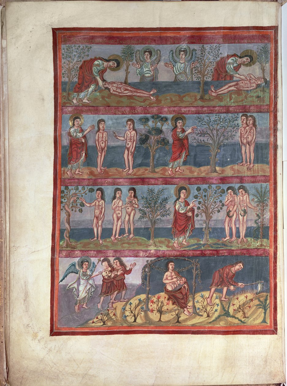 Add.10546 f.5v Adam og Eva, fra Moutier-Grandval-bibelen, opplyst i det karolingiske klosteret St. Martin, Tours, latin, c.834-843 (vellum) av French School