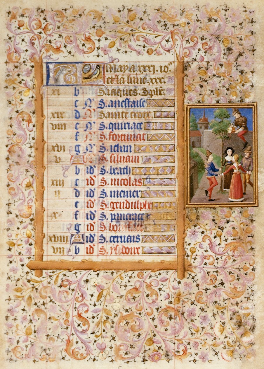 Add.25695 fol.5 Kalenderside for mai, fra en timebok (vellum) av French School