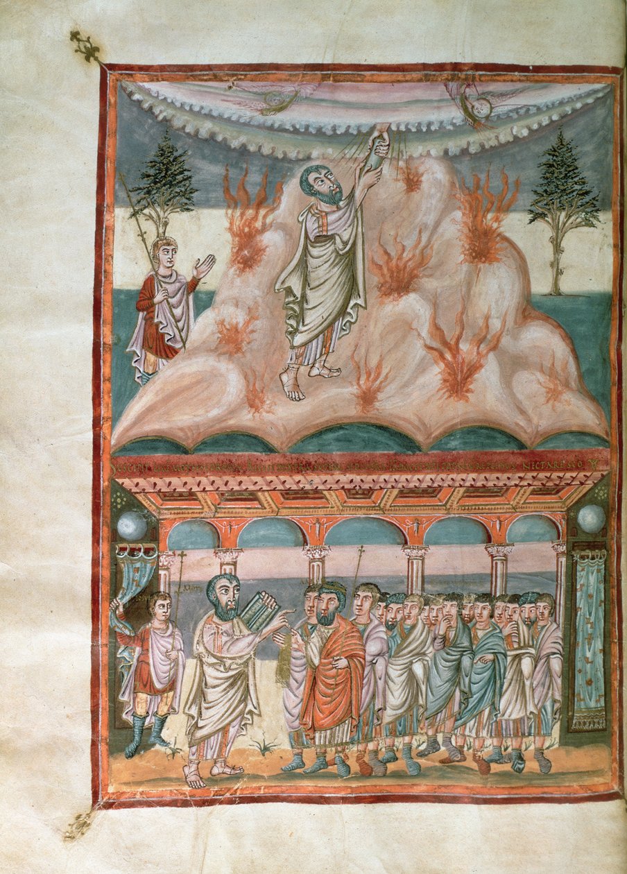 Legg til 10546 f.25b Moses mottar og overfører Guds lov på Sinai-fjellet, fra Moutier-Grandval-bibelen, opplyst i det karolingiske klosteret St. Martin, Tours, ca. 834-843 (vellum) av French School