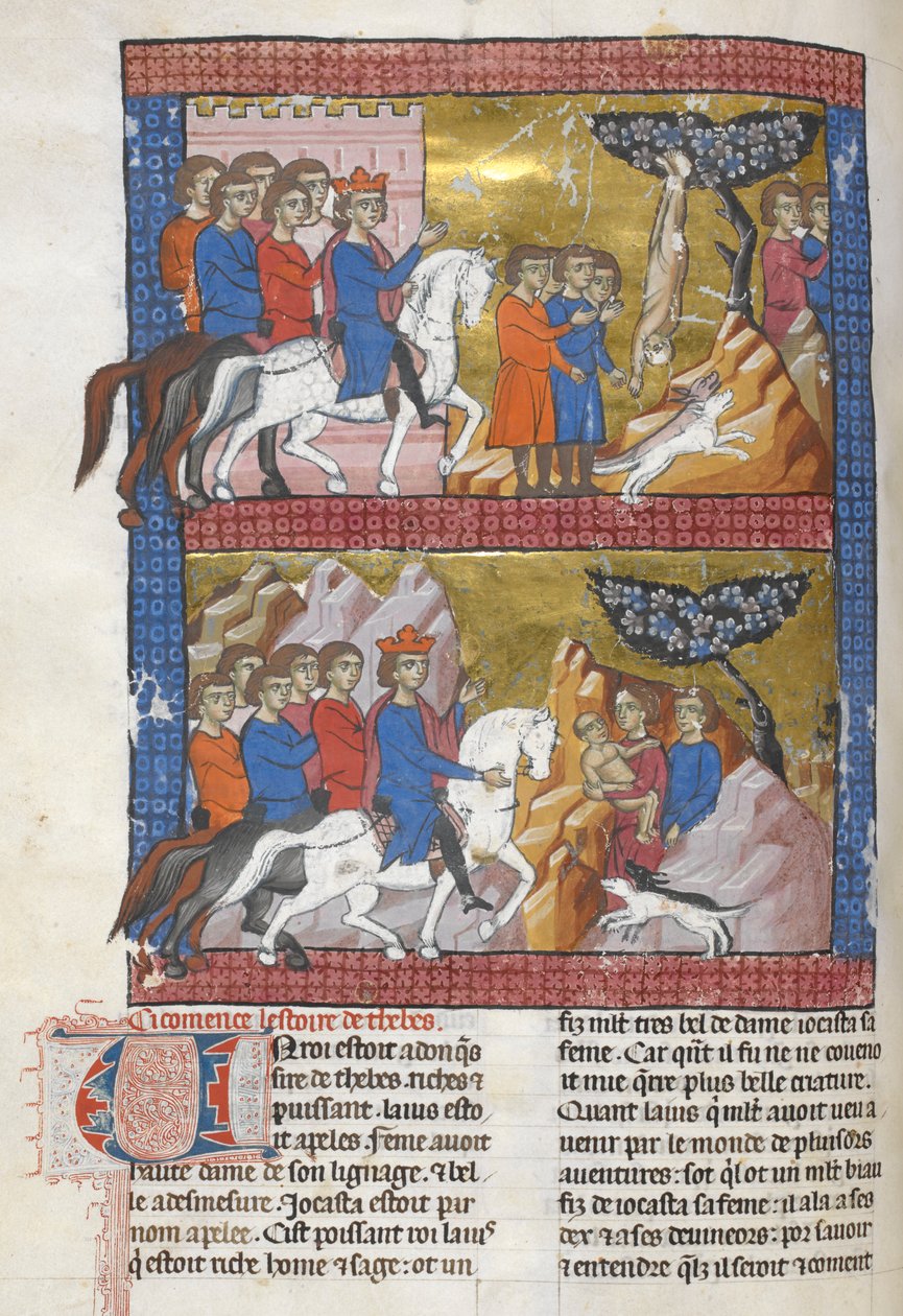Legge til. 15268, f.75v Ødipus, funnet av Polybus, konge av Korint, illustrasjon fra 