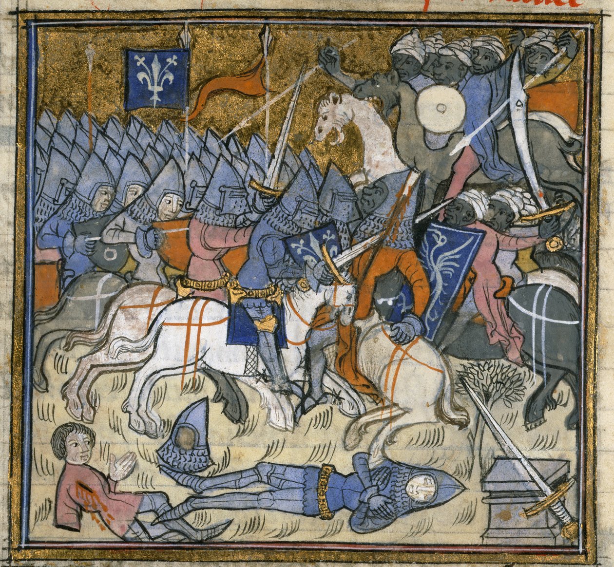 Legge til. 15269, f.124v Crusaders som kjemper mot Saracens, illustrasjon fra 
