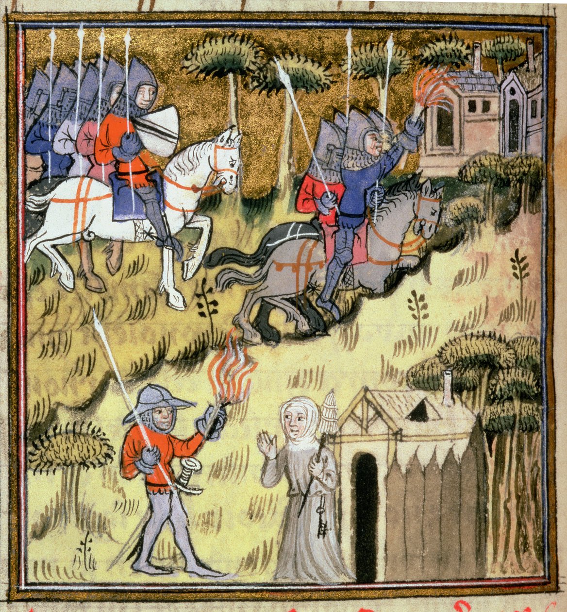 Legg til 15269 f.178v kavaleriinnstillingslys til bygninger med flammende fakler; en nonne som beskytter klosteret sitt mot en soldat, ca. 1380 av French School