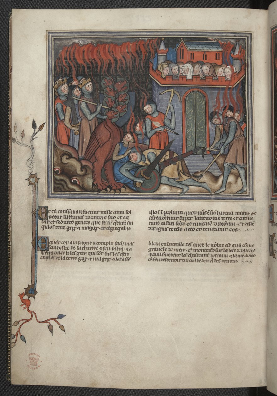 Legg til 17333, f.42v, Miniatyr av himmelens hærer som kjemper mot dragen (Åpenbaring XIX:19-20), fra Apocalypse (