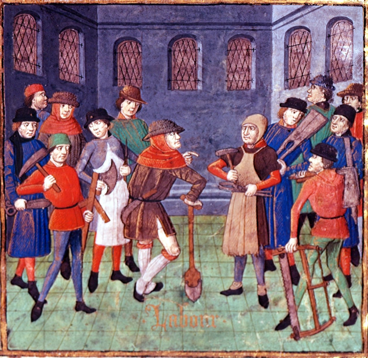 Legg til 18750 fol.3 Workmen with tools, detalj fra dedikasjonsprologen til Duc de Berry i 
