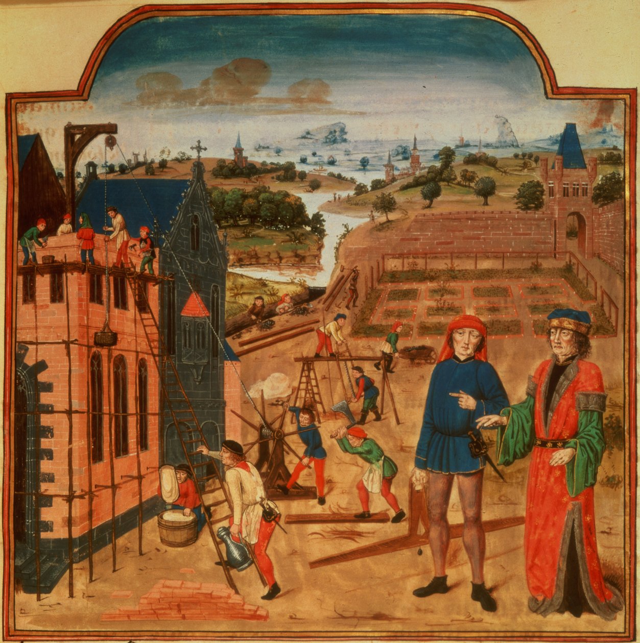 Legg til 19720 f.27 Bygging av et hagehus med formelle hager og landskap i bakgrunnen, fra Livre des Prouffits Champetres et Ruraulx av Pietro de Crescenzi (1230-1320/1) (vellum) av French School