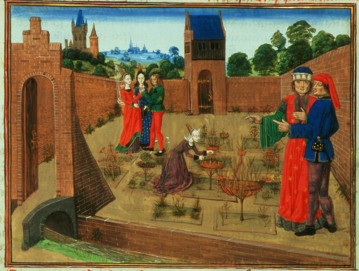 Add 19720 fol.214 Walled garden with a woman gardening and others gossiping, from Livre des Prouffits Champetres et Ruraulx by Pietro de Crescenzi (1230-1320) (vellum)   1352492   no       norwegian Successfully Translated  Original: A Pissing Horse Bound  av French School
