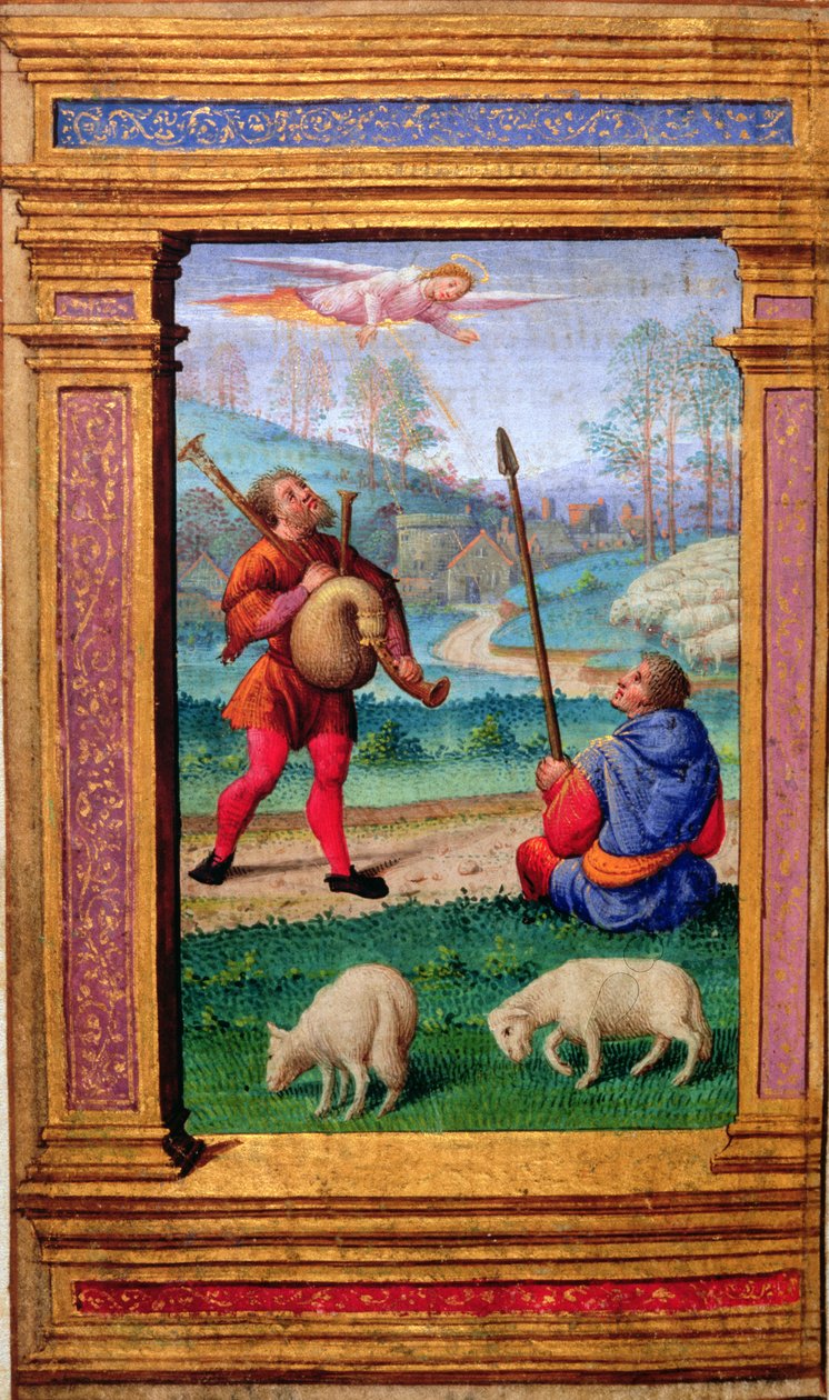 Legg til 35214 f.57v Bebudelse til hyrdene, fra en timebok, Paris av French School