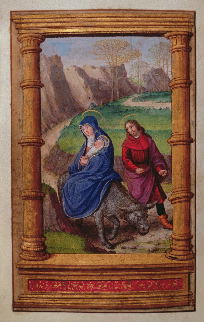 Legg til 35214 f.72v Flight into Egypt, fra a Book of Hours, Paris av French School