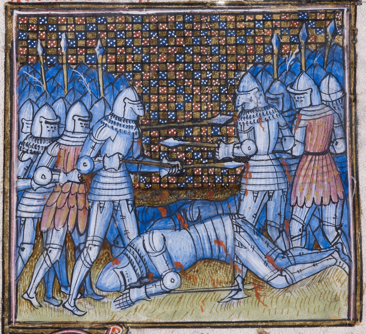 Legge til. 38659 fol.170 Sir John Chandos død. Et middelalderslag, belysning fra 