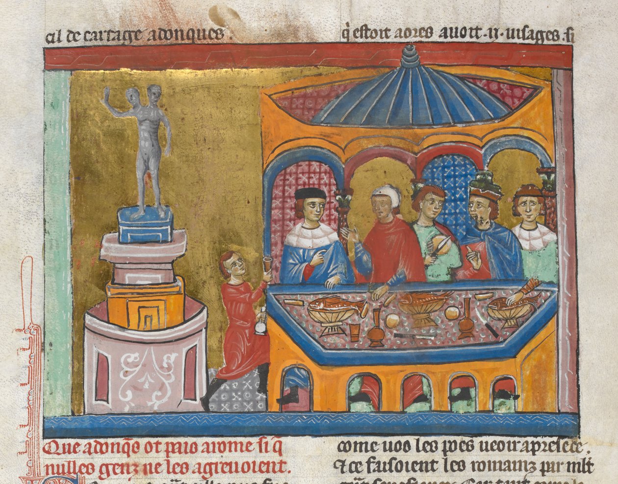 Legge til. MS 15268, fol. 242v Janus-tempel med senatorer som spiser i forgrunnen, fra 