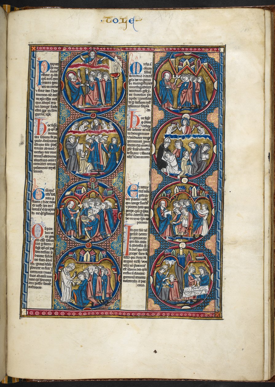 Legg til MS Harley 1527, f.105r, miniatyrer fra Bible moralisée (vellum) av French School