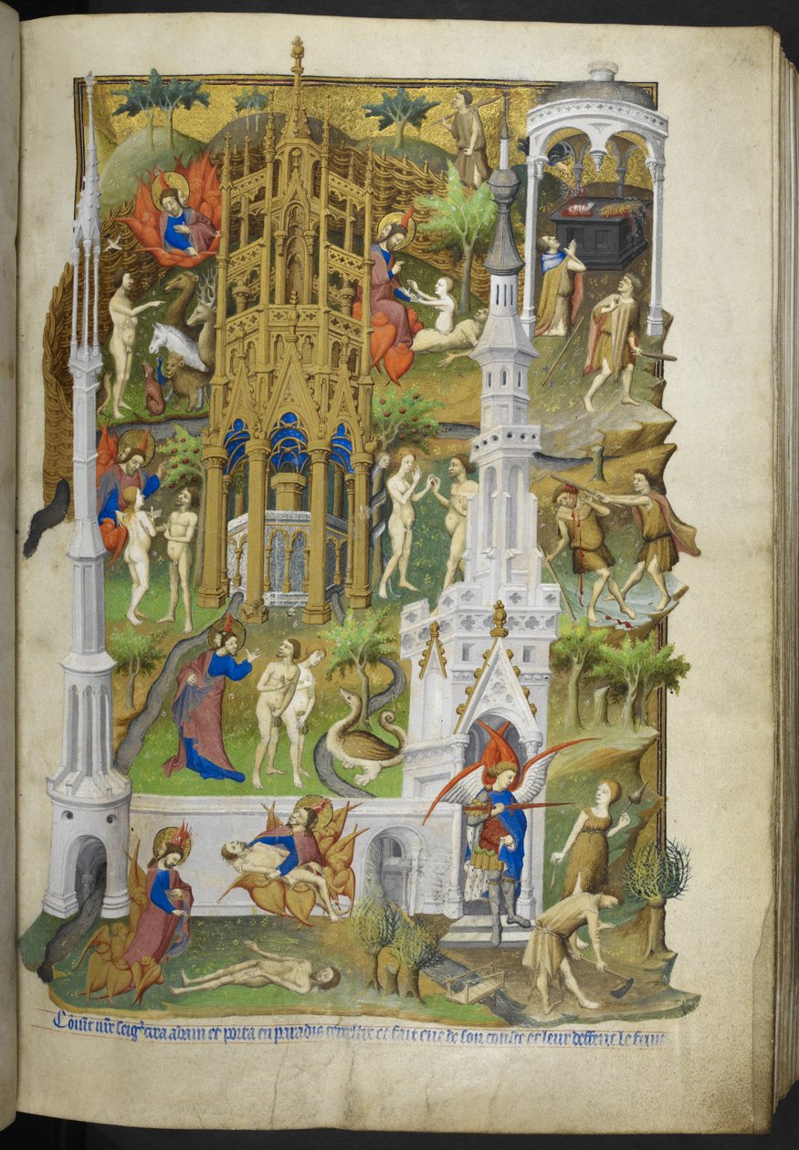 Legg til Ms 18850 f.14r-scener fra skapelsen og fallet, Adam og Eva, og deres sønner, Kain og Abel, fra Timeboken (The Bedford Hours) ca. 1410-30 (blekk, farge og gull på vellum) av French School