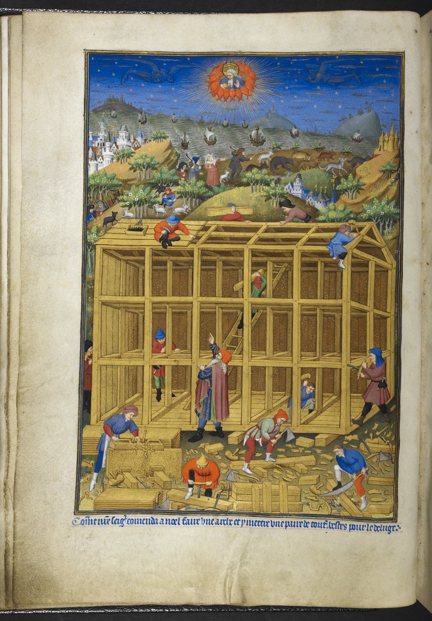 Legg til Ms 18850 f.15v, The building of Noah's Ark, fra Time Book (The Bedford Hours) c.1410-30 (blekk, farge og gull på vellum) av French School