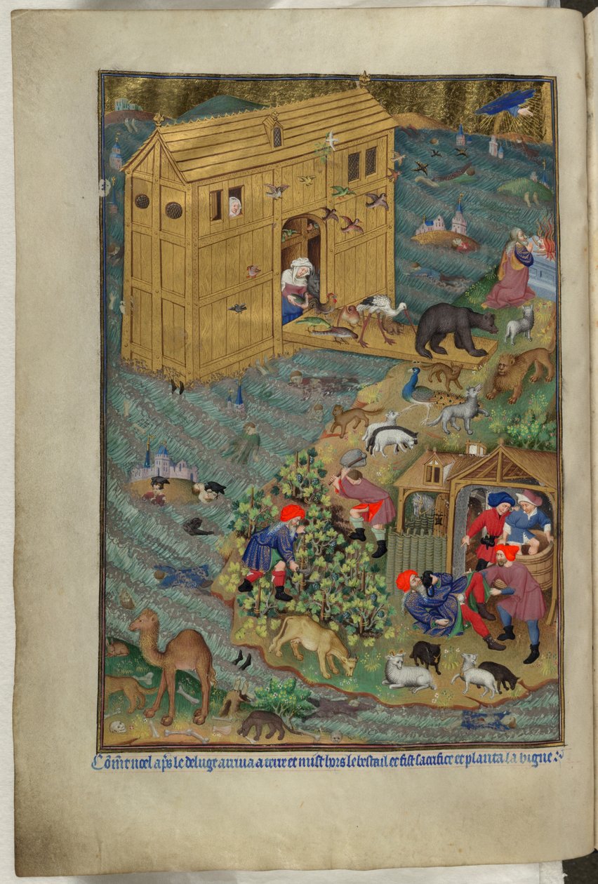 Legg til Ms 18850 f.16v, The exit from the Ark, fra Book of Hours (The Bedford Hours) c.1410-30 (blekk, farge og gull på vellum) av French School