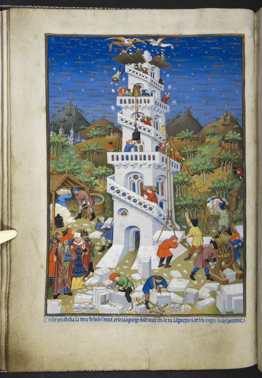 Legg til Ms 18850 f.17v Building of the Tower of Babel, fra Book of Hours (The Bedford Hours) c.1410-30 (blekk, farge og gull på vellum) av French School