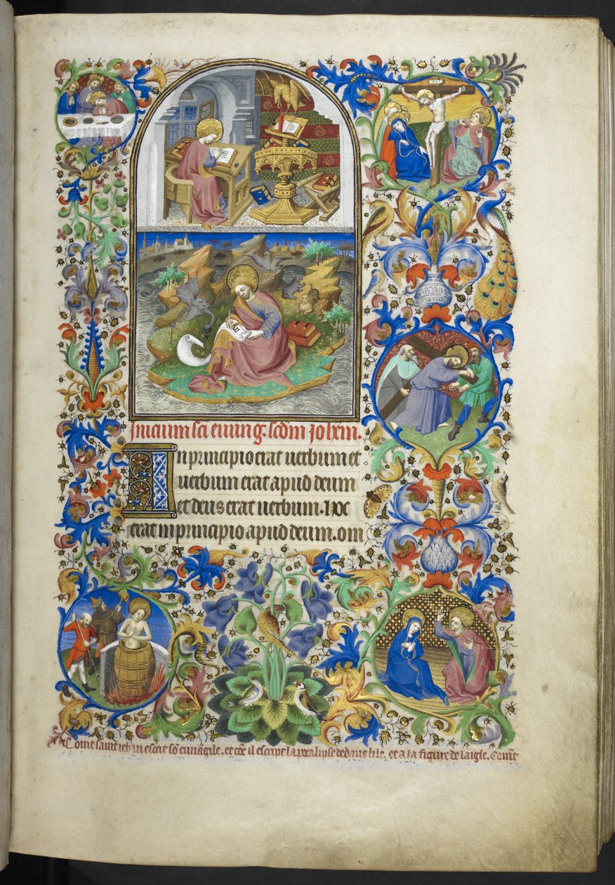 Legg til Ms 18850 f.19r evangelieutdrag, inkludert utdrag fra Johannes, Lukas, Matteus og Markus, fra Timeboken (The Bedford Hours) c.1410-30 (blekk, farge og gull på vellum) av French School