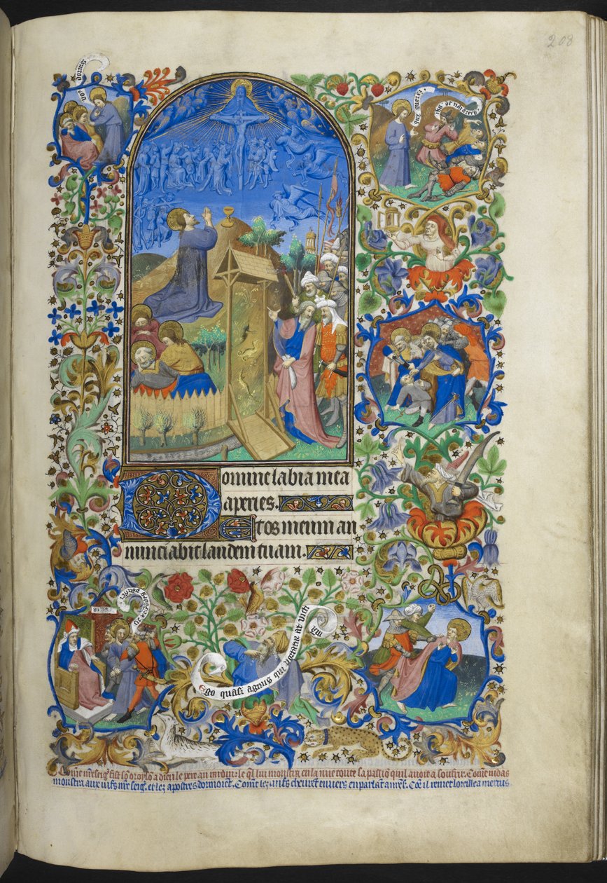 Legg til Ms 18850 f.208r, Hours of the Passion: Agony in the Garden, med flere scener i kanten, fra Book of Hours (The Bedford Hours) c.1410-30 (blekk, farge og gull på vellum) av French School