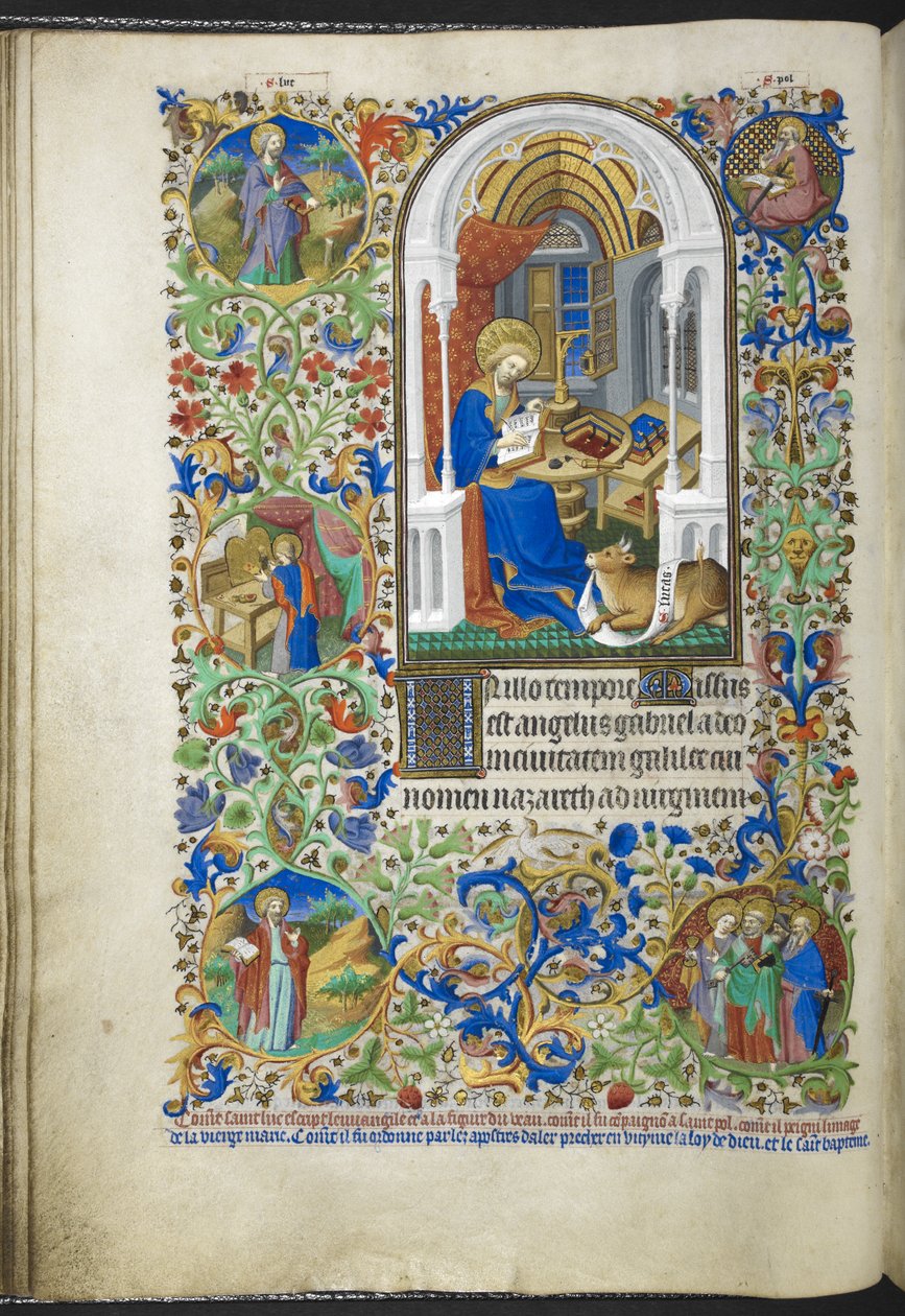 Legg til Ms 18850 f.20v Luke the Evangelist, fra Book of Hours (The Bedford Hours) c.1410-30 (blekk, farge og gull på vellum) av French School