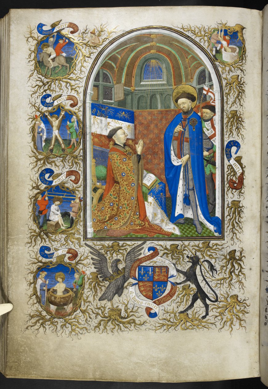 Legg til Ms 18850 f.256v, Duke of Bedford before St George, fra Book of Hours (The Bedford Hours) c.1410-30 (blekk, farge og gull på vellum) av French School
