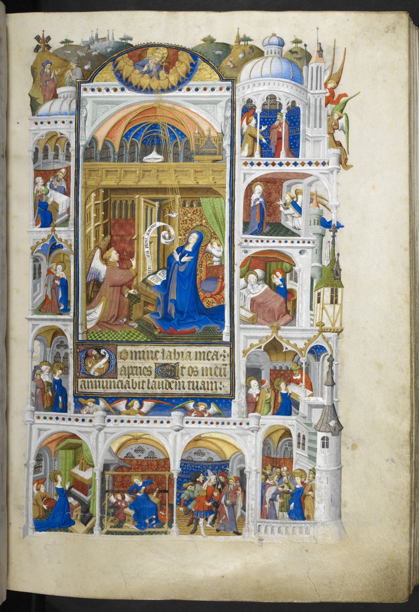 Legg til Ms 18850 f.32r, The Annunciation, fra Book of Hours (The Bedford Hours) c.1410-30 (blekk, farge og gull på vellum) av French School