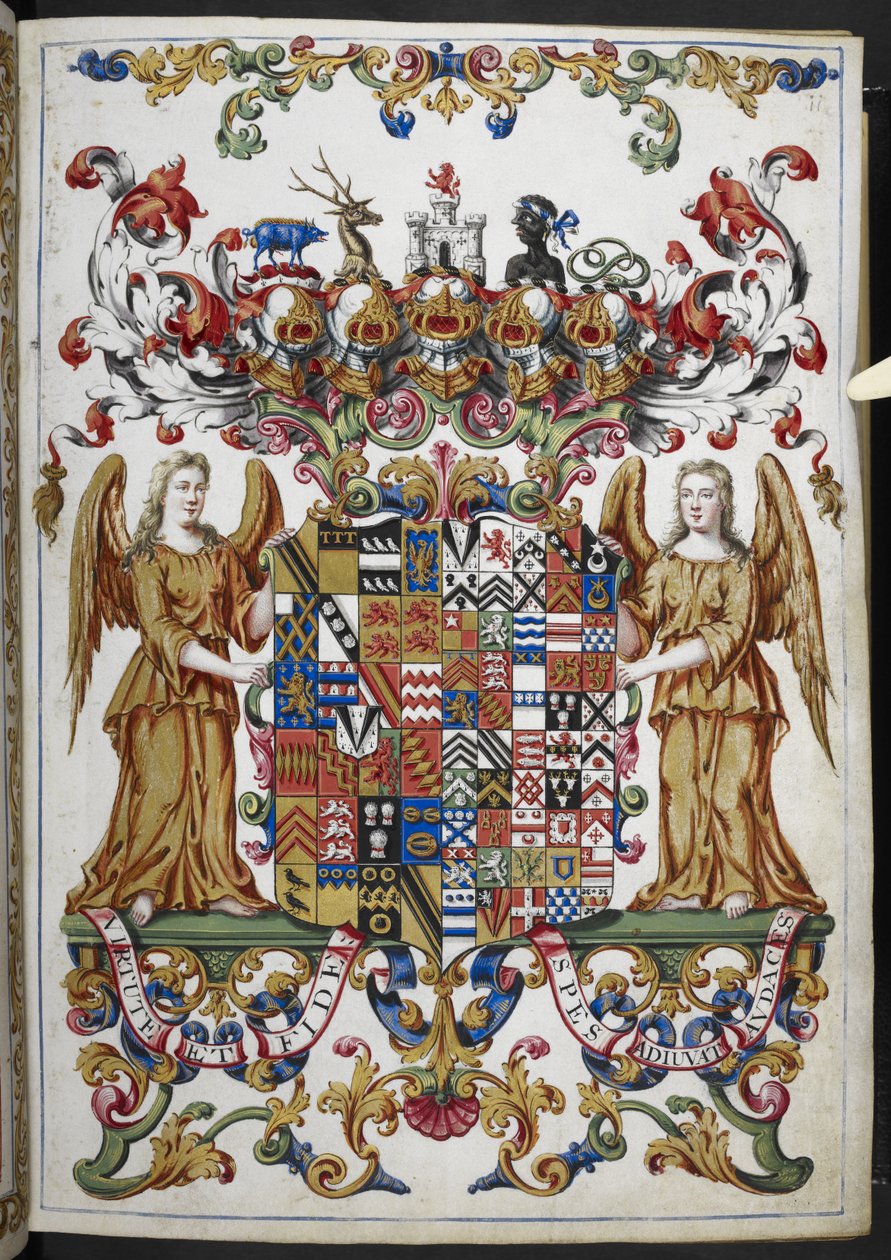 Legg til Ms 18850 f.s008r Coat of Arms fra Book of Hours (The Bedford Hours) c.1410-30 (blekk, farge og gull på vellum) av French School