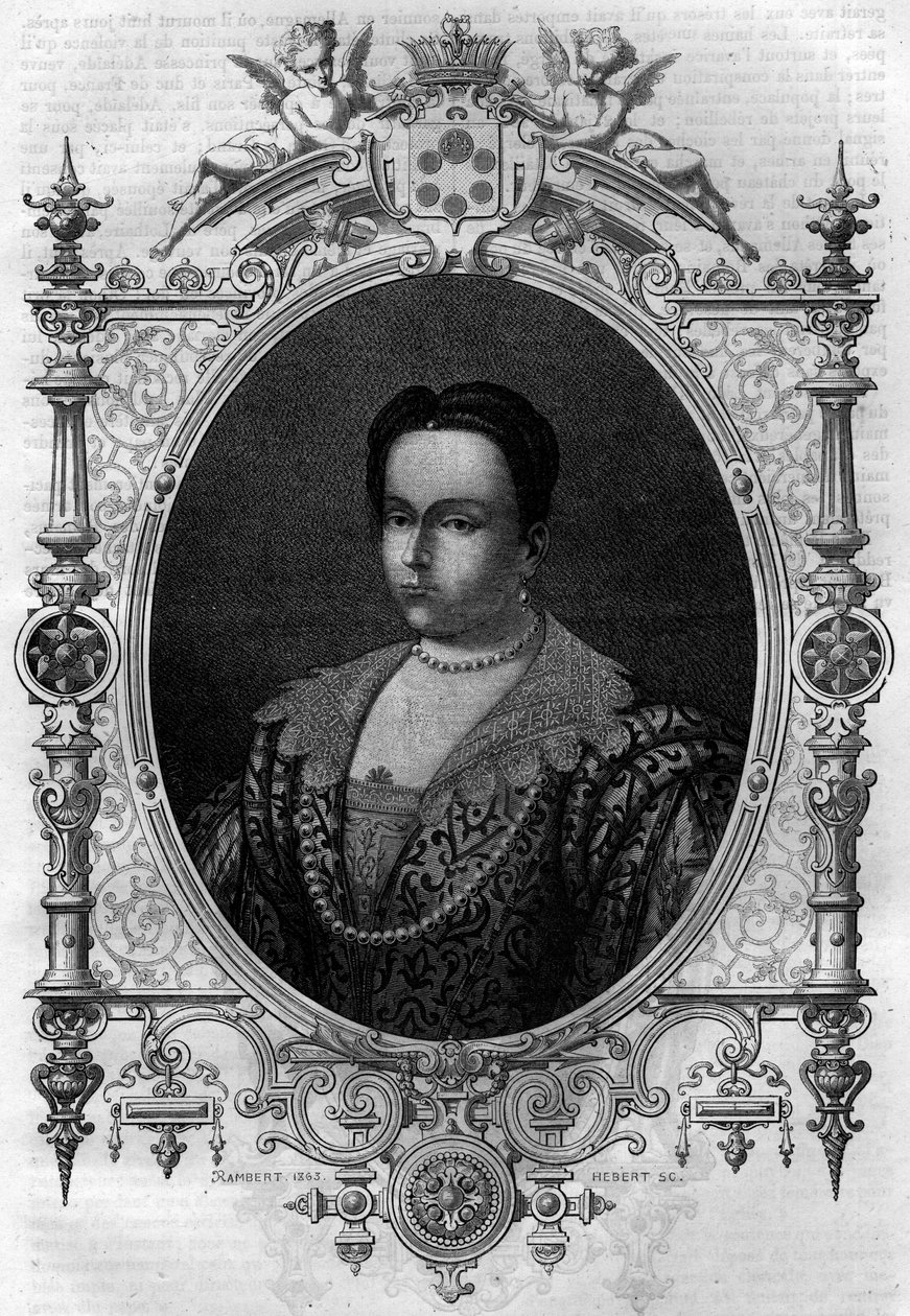Adelaide av Burgund (931-999), enke av Lothaire (greve av Paris og hertug av Frankrike) og andre kone til Othon I den store. Gravering i "Histoire des Papes-Rois-Queen and Empereurs a travers les centuries"" av Maurice Lachatre av French School