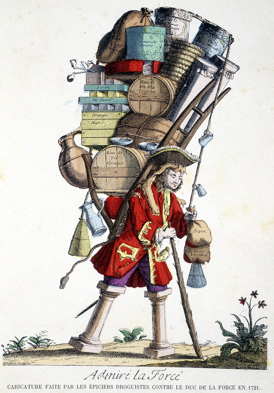 Beundre kraft. Tegneserie laget av drogister mot Duke of Force i 1721. av French School