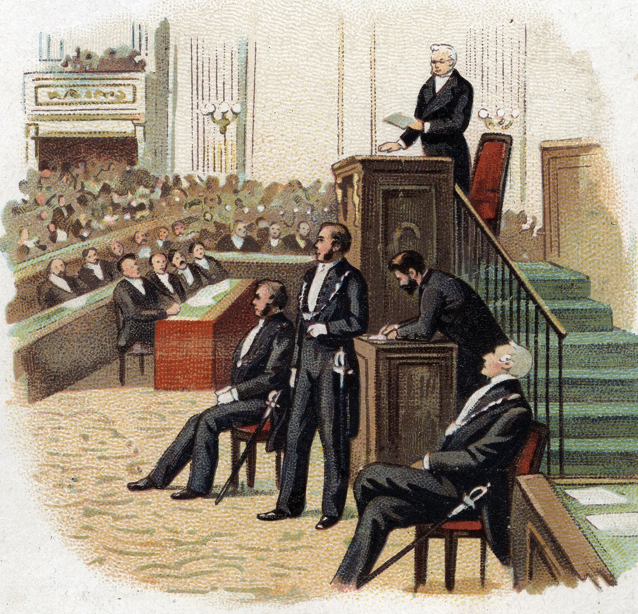 Adolphe Thiers (1797-1877), republikkens president ved talerstolen til nasjonalforsamlingen i 1872 - Chromolithography (Chromo) fra begynnelsen av det 20. århundre. av French School