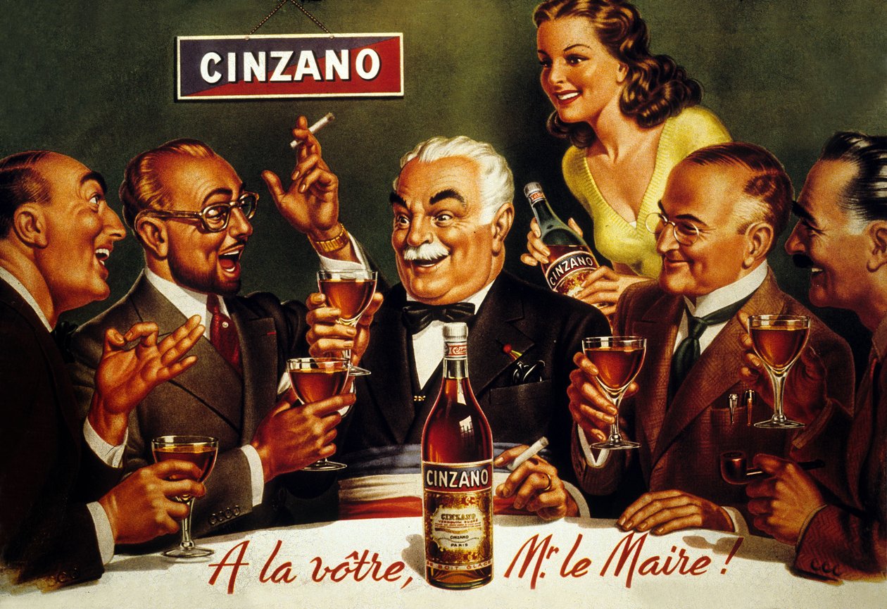 Annonse for Cinzano Blanc (farge litho) av French School