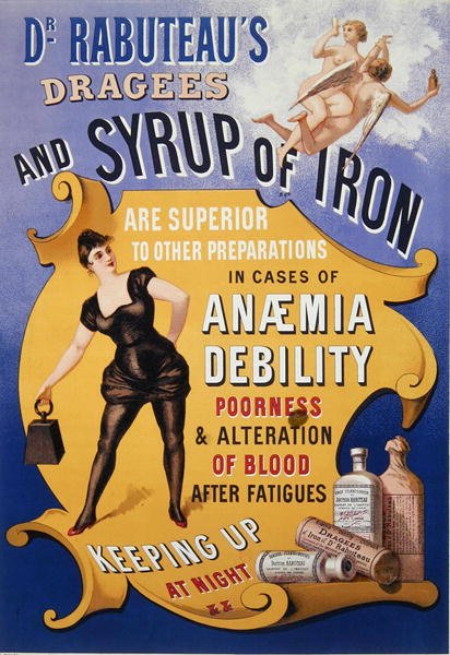 Annonse for Dr Rabuteaus Dragees and Sirup of Iron (farge litho) av French School