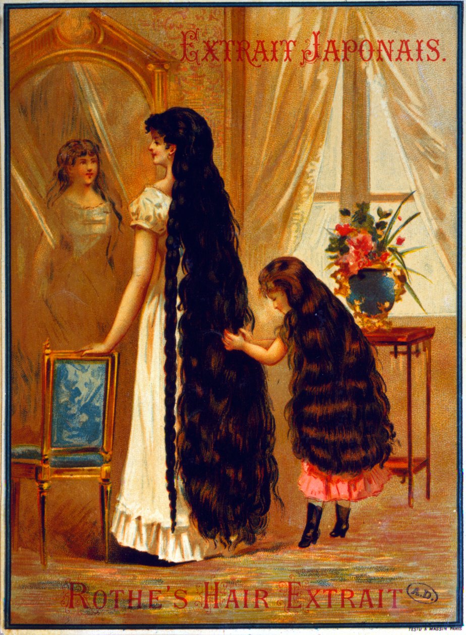 Annonse for Extrait Japonais, et frisørprodukt som fremmer hårvekst, 1895 av French School