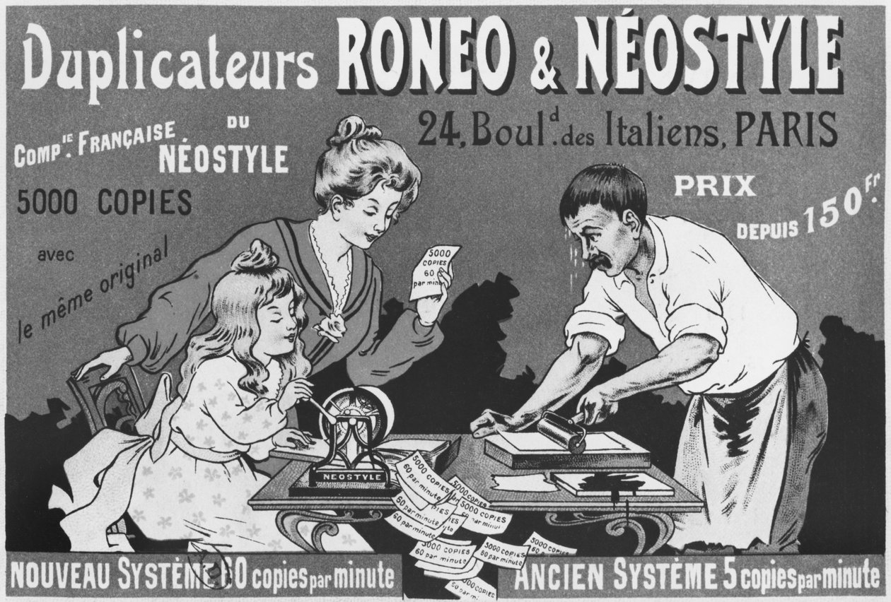 Annonse for Roneo og Neostyle duplikatorer, ca. 1903-04 av French School