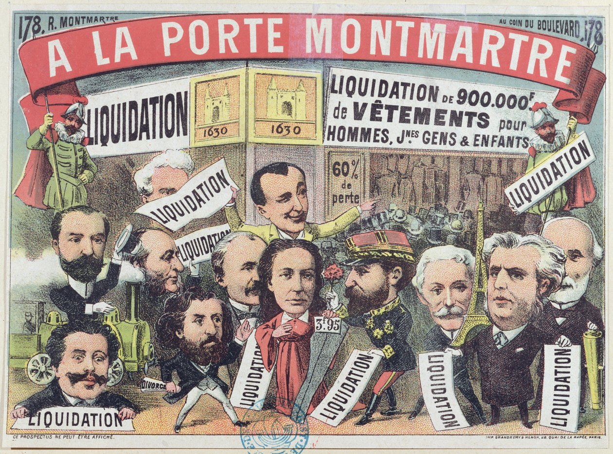 Annonse for et klessalg på varehuset La Porte Montmartre i Paris, ca. 1880 av French School
