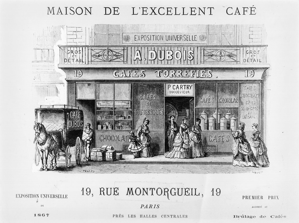 Annonse for en kaffeselger i Rue Montorgueil, Paris, ca. 1870 av French School