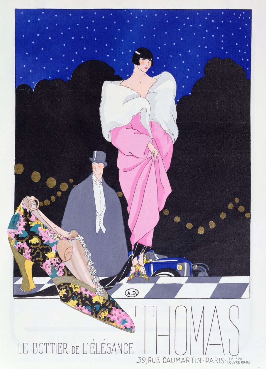 Annonse for støvelmakeren Thomas fra motemagasinet Art-Gout-Beaute, 1924 av French School