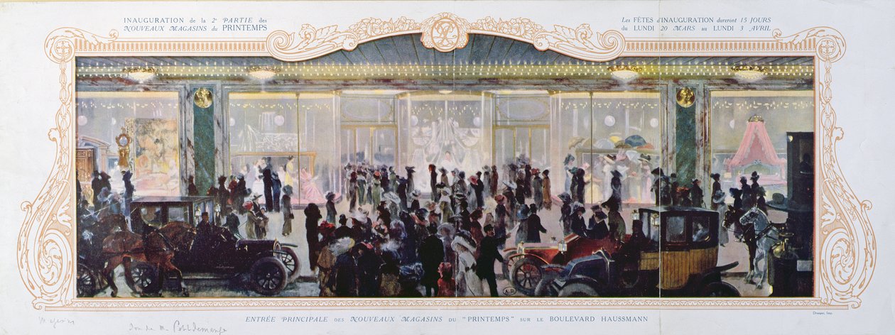 Annonse for åpning av nye bygninger i det parisiske varehuset Printemps, 1910 av French School