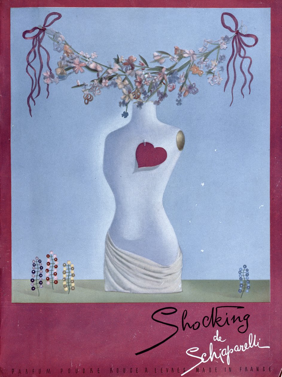 Reklame for parfymen «Shocking» av Schiaparelli, illustrasjon fra «Vogue» Magazine, november 1938 (fargelitografi) av French School