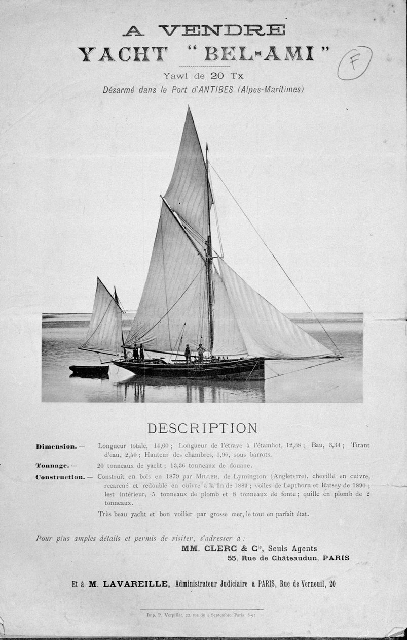 Annonse for salg av Guy de Maupassants Yacht Bel-Ami av French School