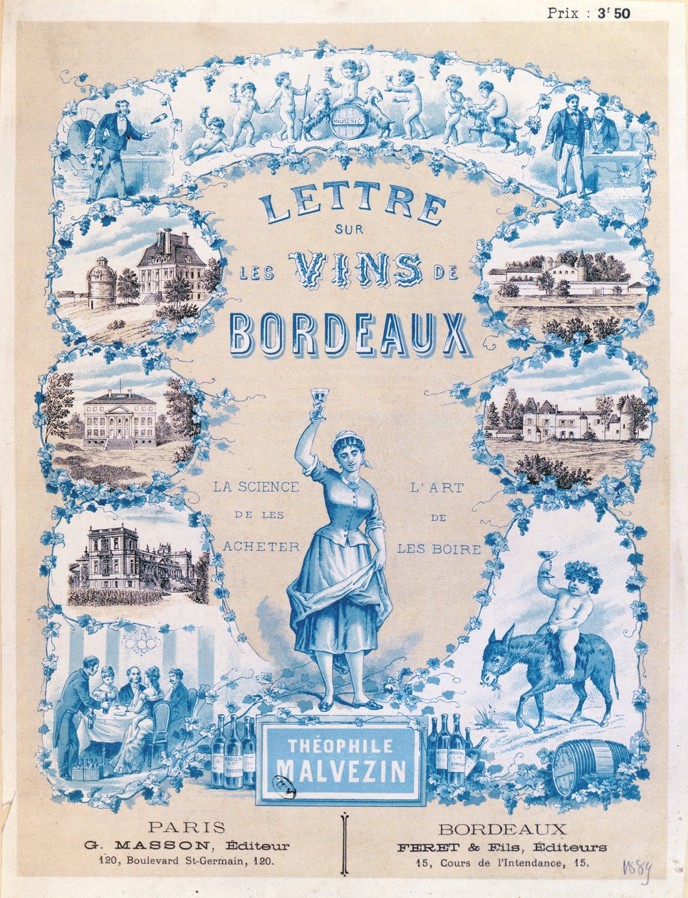 Annonse som fremmer utgivelsen av Lettre sur les Vins de Bordeaux av Theophile Malvezin, 1889 av French School