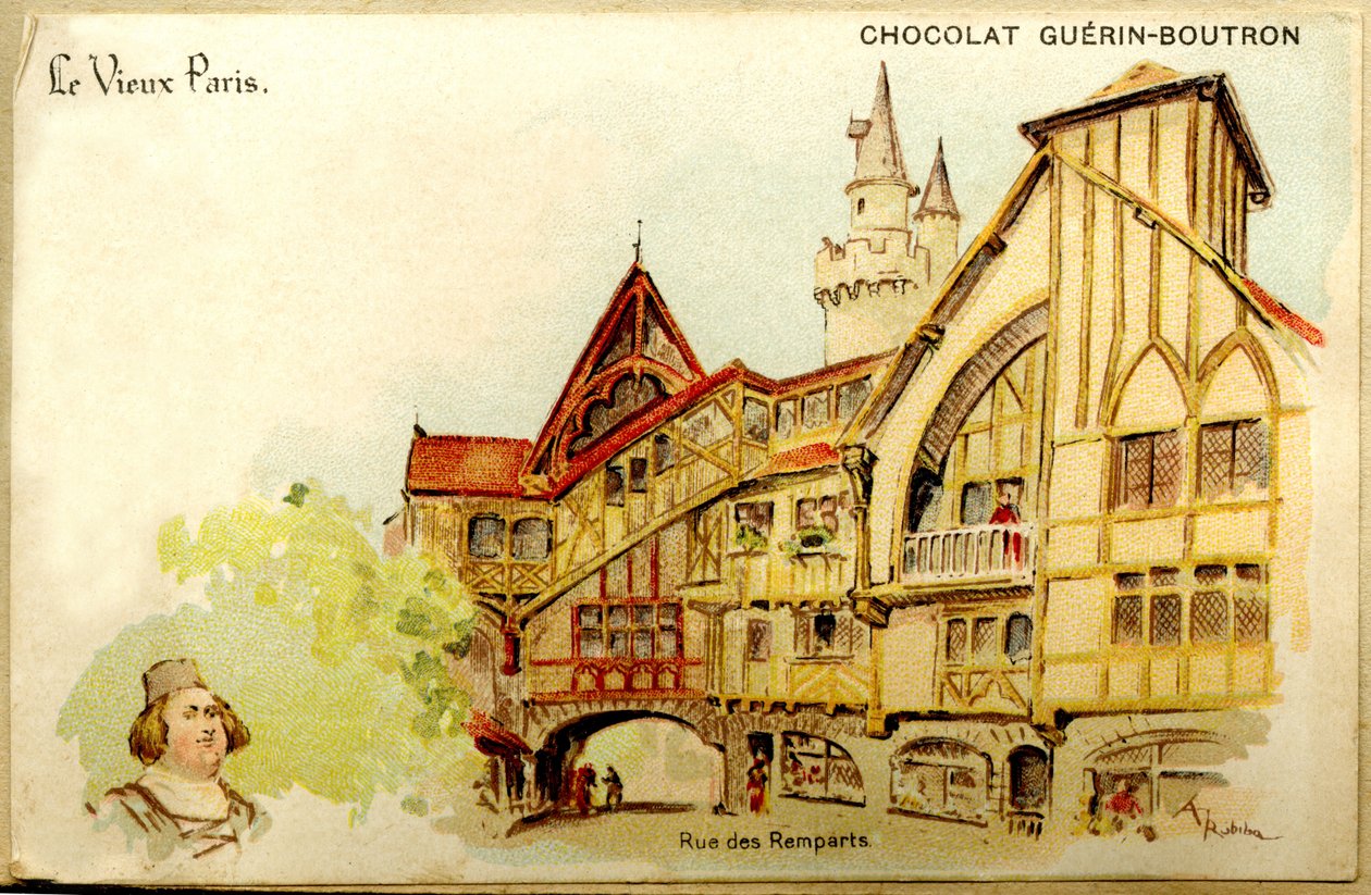 Reklamekromolitografi av sjokolade Guerin Boutron, The Old Paris, Rue des Remparts av French School