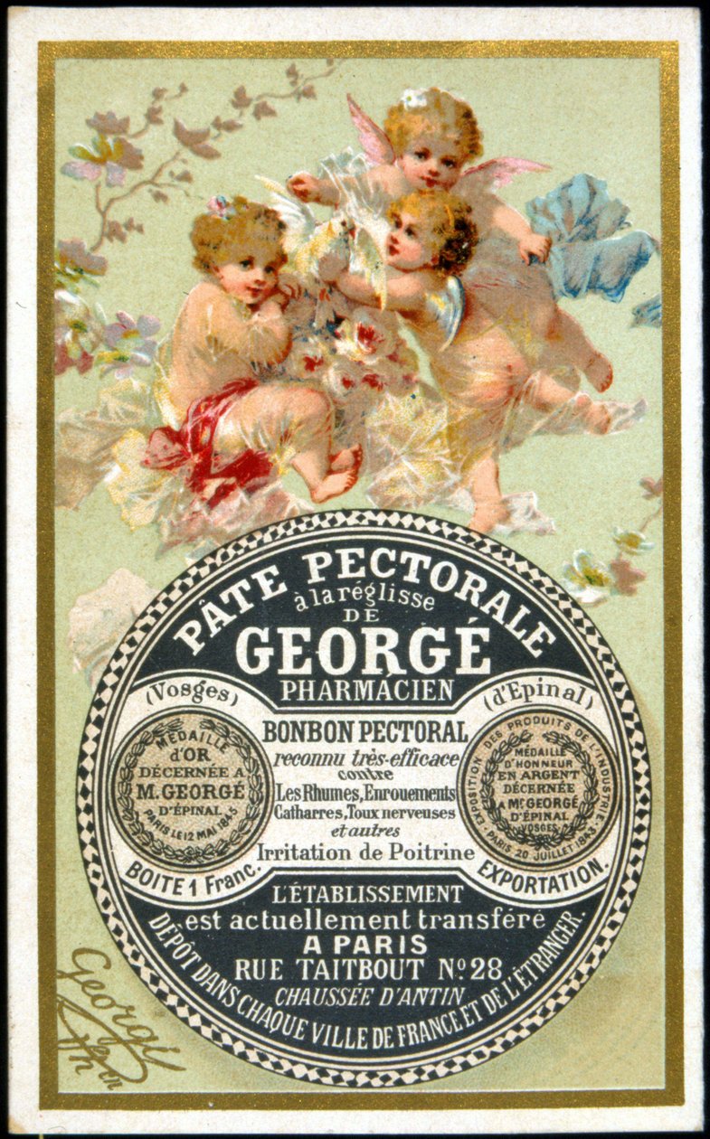 Reklamekort for brystpasta med lakris av Georgé Pharmacien. sd. 1800-tallet. av French School