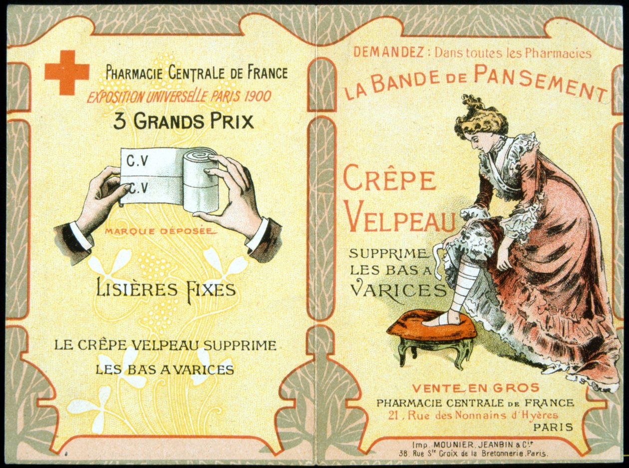 Reklamekort med "" Velpeau Crepe Dressing Band fjerner åreknuter"". Sd. 1800-tallet. av French School