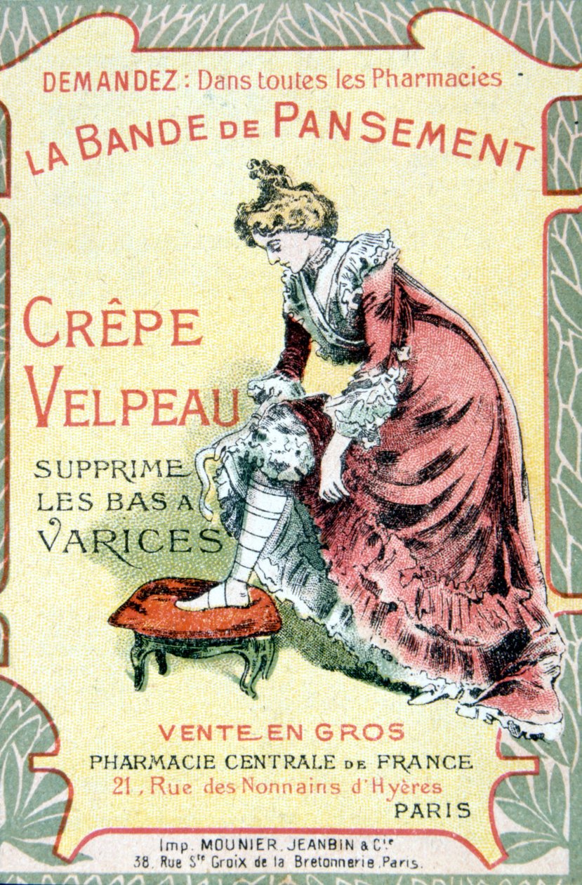 Reklamekort med "" Velpeau Crepe Dressing Band fjerner åreknuter"". Sd. 1800-tallet. av French School