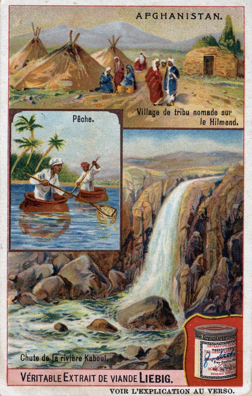 Advertising card showing a nomadic tribe village on the Hilmend, fishermen and the fall of the Kabul River in Afghanistan. Chromolithography of the 19th century. av French School