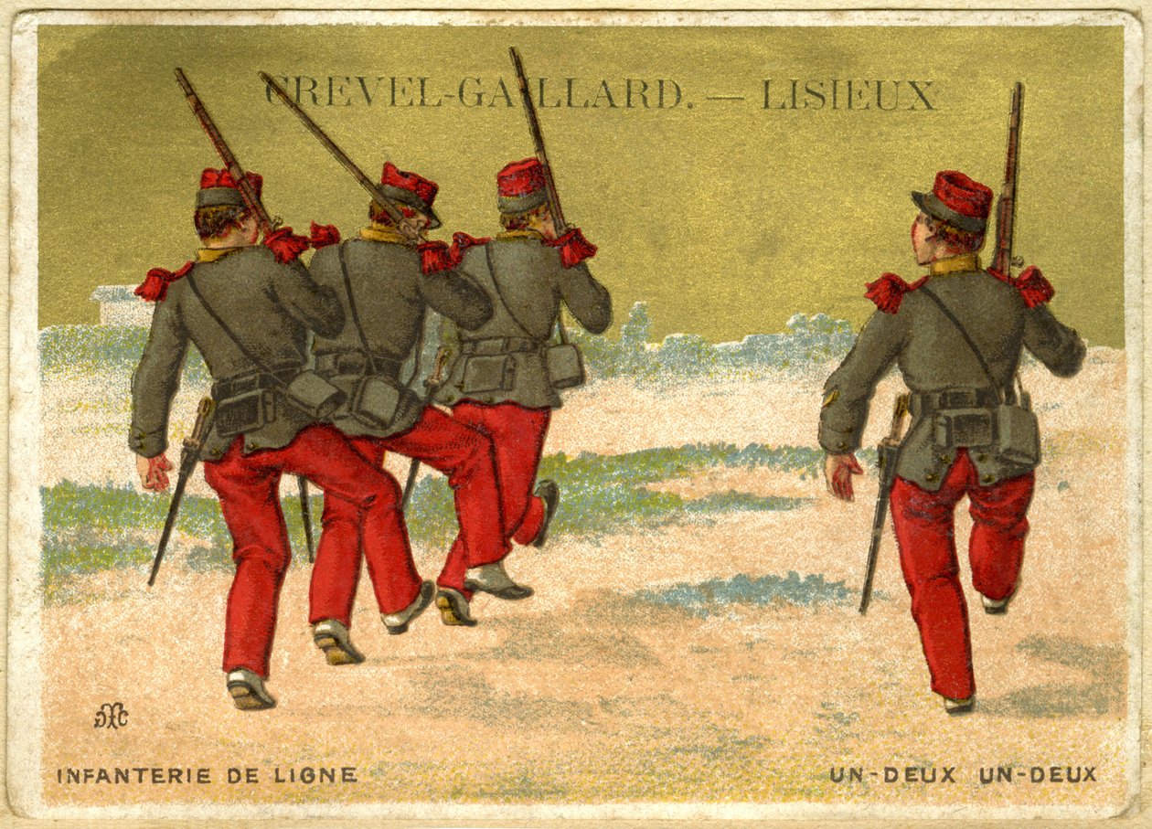 Annonsekromolitografi av Grevel-Gaillard, Lisieux, online infanteri, en to, en to (kromolitografi) av French School