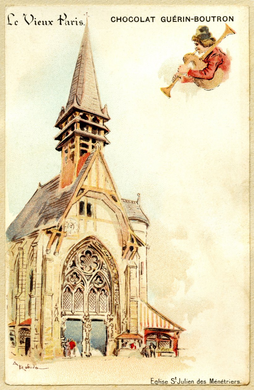 Reklamekromolitografi av Guerin Boutron-sjokolade, LE VIEUX PARIS, Saint Julien des Menetriers kirke av French School
