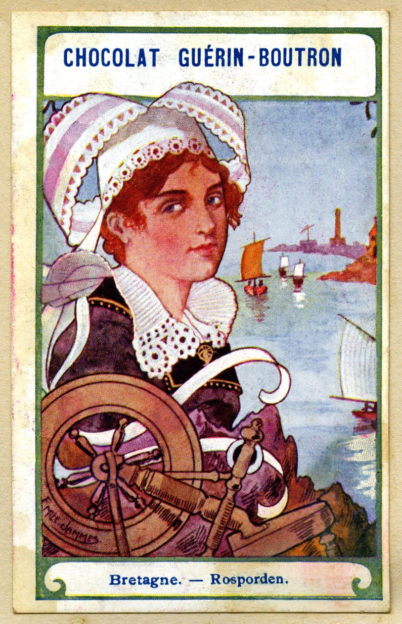 Reklamekromolitografi av sjokolade Guerin Boutron, hodeplaggene i regionene i Frankrike, Bretagne, rosporden, illustrasjon Emile Jammes (kromolitografi) av French School